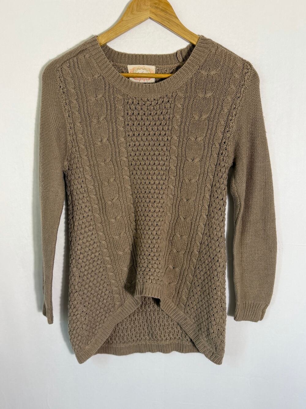 Ambiance Taupe Cable Knit Sweater Long Sleeve Crewneck Boho Size M